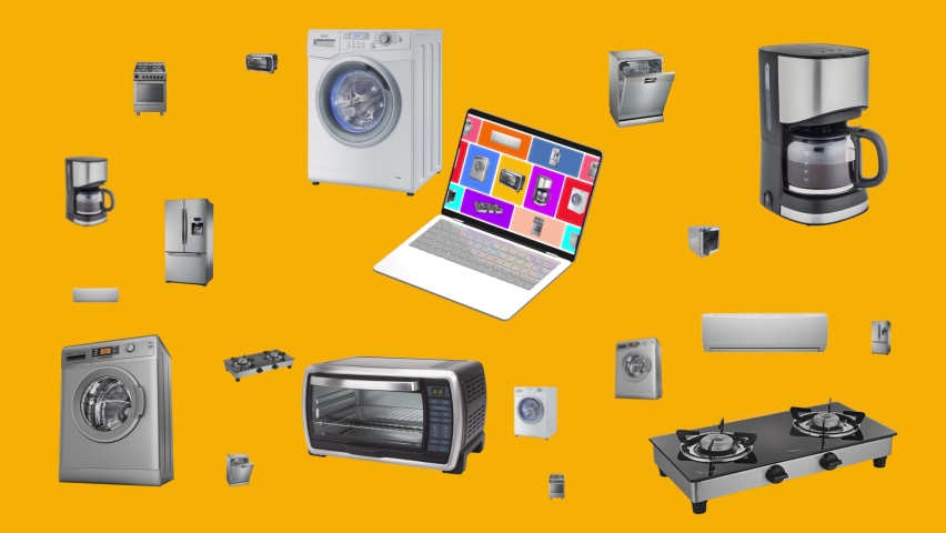 Multiproducts in laptop  4k 60 fps animation. Use for e-commerce, shopping and digital ads campaings. 
E-commerce products that revolve around the laptop. Washing machine, air conditioning, tea maker