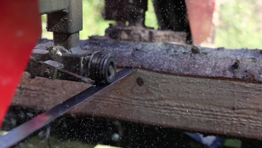 Extreme close up video on the moving blade of an industrial band sawmill mid cut, removing the outer bark from pine tree trunks. Copy space to right. Royalty-Free Stock Footage #1092394141