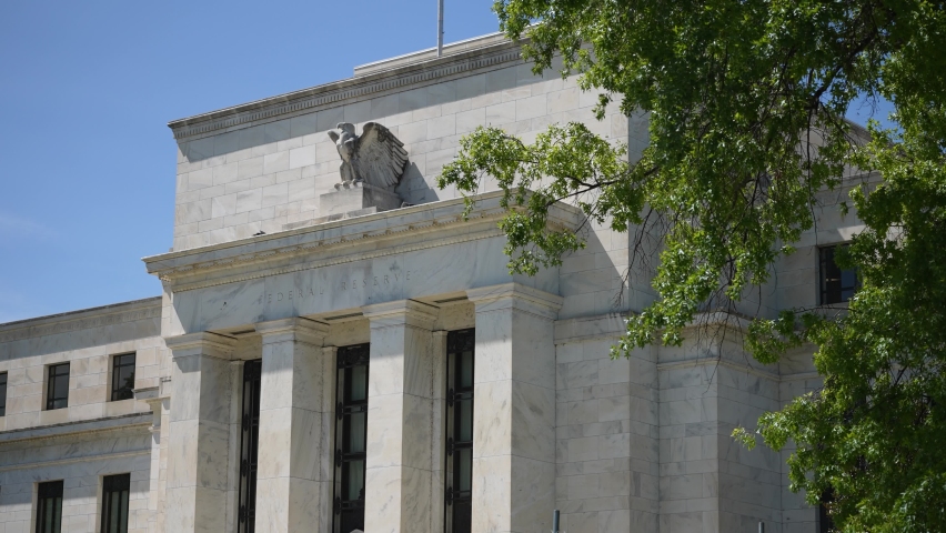 Exterior of the federal reserve government Eccles building in Washington, DC where inflation financial policy is made. Royalty-Free Stock Footage #1092399309