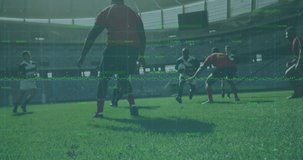 Animation of data processing over football players. Global sport, connections, data processing and digital interface concept digitally generated video.