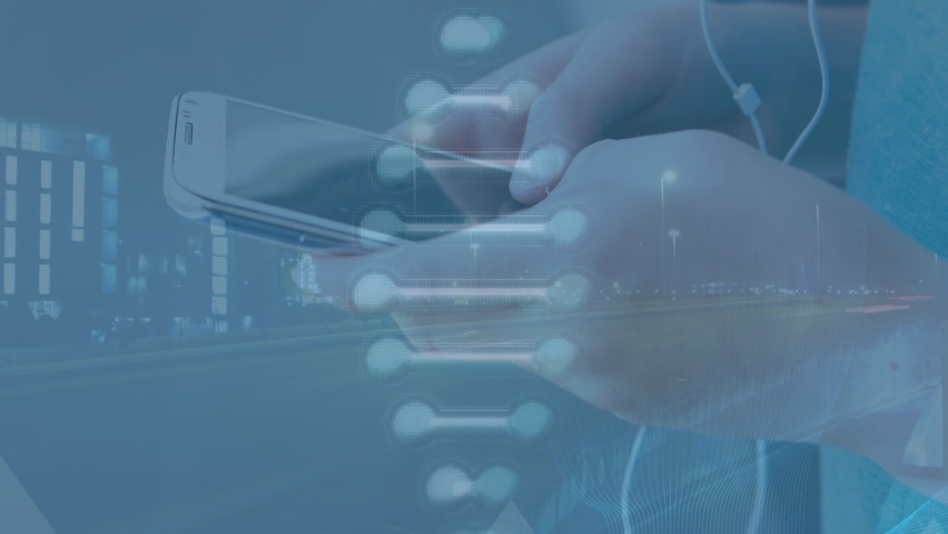 Animation of dna strand and arrows over caucasian person using smartphone. Global connections, data processing and digital interface concept digitally generated video. - Powered by Shutterstock - Get 15% off with code: PIKWIZARD15