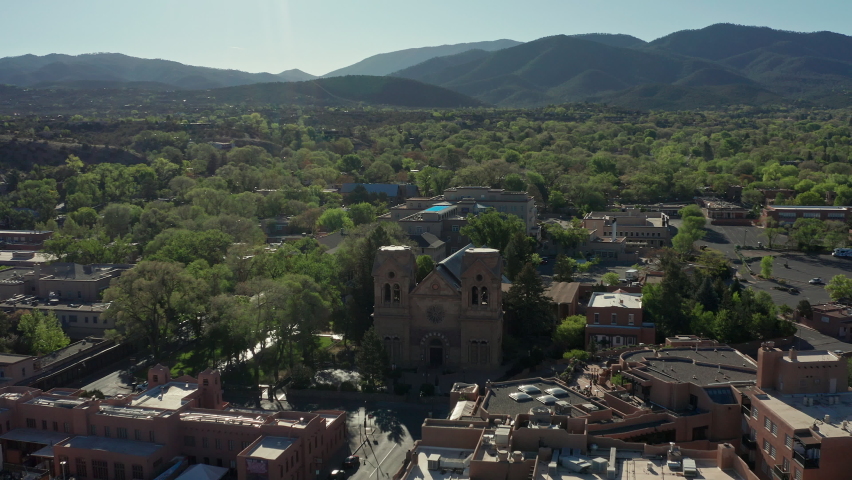 Aerial orbiting Santa Fe St Francis Cathedral Famous Church