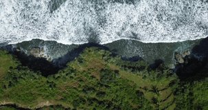 aerial cliff overgrown by tress border with the sea. drone shot of sea wave in Indonesia. sea ​​foam 4K video.
