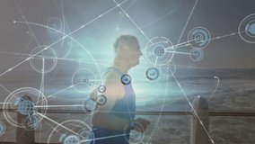 Animation of network of connections over senior caucasian man running on promenade. Sport, fitness, active lifestyle and connections concept digitally generated video. - Powered by Shutterstock - Get 15% off with code: PIKWIZARD15
