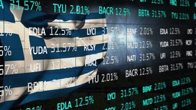 Animation of financial data processing over flag of greece and spotlights in sports stadium. Global sports, competition, business and finance concept digitally generated video. - Powered by Shutterstock - Get 15% off with code: PIKWIZARD15