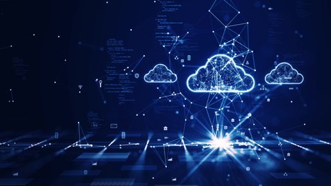 Cloud and edge computing technology concept with cybersecurity data protection system. Three large cloud icons stand out on the right. polygon connection slow motion small icon on dark blue background
