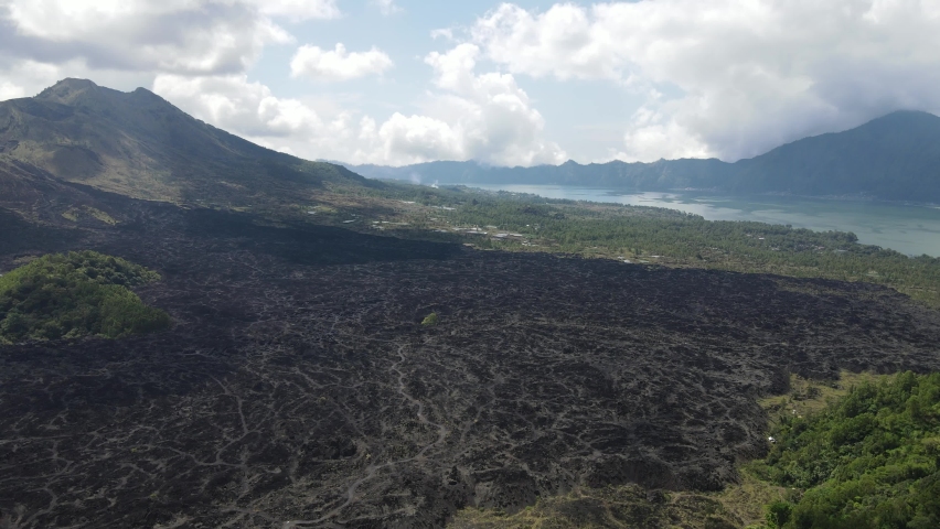 Aerial view of lava field from Mount Batur in Bali
