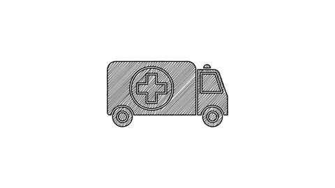 Black line Ambulance and emergency car icon isolated on white background. Ambulance vehicle medical evacuation. 4K Video motion graphic animation