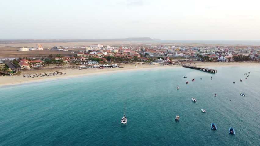 Sal, Cape Verde, Cabo Verde, Santa Maria, Town, Fishing Pier, Boats, Fishing, Sea Ocean, Sunrise, Drone, Aerial, 4K, ProRes, 10bit