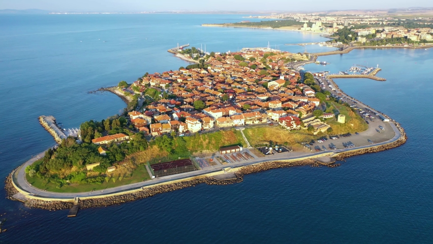 Nesebar (Nessebar), Bulgaria. Aerial view of the ancient seaside town. Black Sea Coast, Burgas Province.