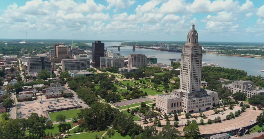 Aerial of Louisiana State Capital building in Baton Rouge, Louisiana