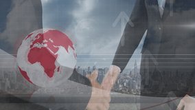 Animation of globe and arrows over caucasian businessmen handshake and cityscape. Global business, finance and data processing concept digitally generated video. - Powered by Shutterstock - Get 15% off with code: PIKWIZARD15