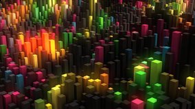 Glow animated rainbow background for the logo. Randomly moving surface of rectangles with illumination. Mosaic, puzzles. 3d rendering. Screensaver for games, presentations, business, intro. 4k