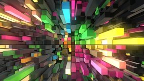 Rainbow neon animated  background for logo, symbol . 3d rendering. Randomly moving surface of rectangles with illumination. Minecraft. Screensaver for games, presentations, business, intro. 4k