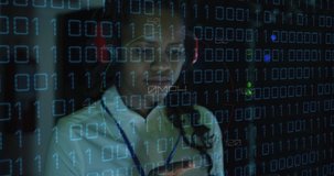 Animation of data processing over african american female server room worker using headphones. Cloud computing concept concept digitally generated video.