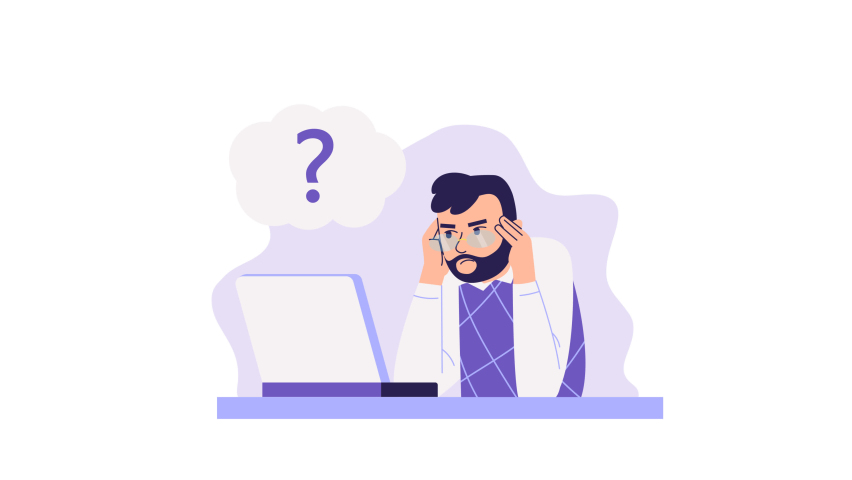 Man looking at computer, thinking and looking for answer. uncertainty, question, no solution concept. Character animation. hopelessness, despair, frustration on his face. Brainstorm, difficult task | Shutterstock HD Video #1092439967