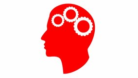Animated red mechanism in the head with gears. Concept of AI, idea, creativity, intellect, strategy, thinking, work, productivity. Looped video. Flat vector illustration isolated on white background.