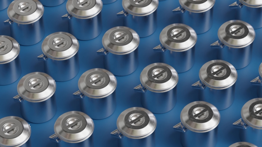 Metal pots in a row jumping on the blue background. Kitchen cookware ready for preparing meal. Shiny stainless steel proffesional equipment. Silver cauldrons with handle and lid. CGI render 4K