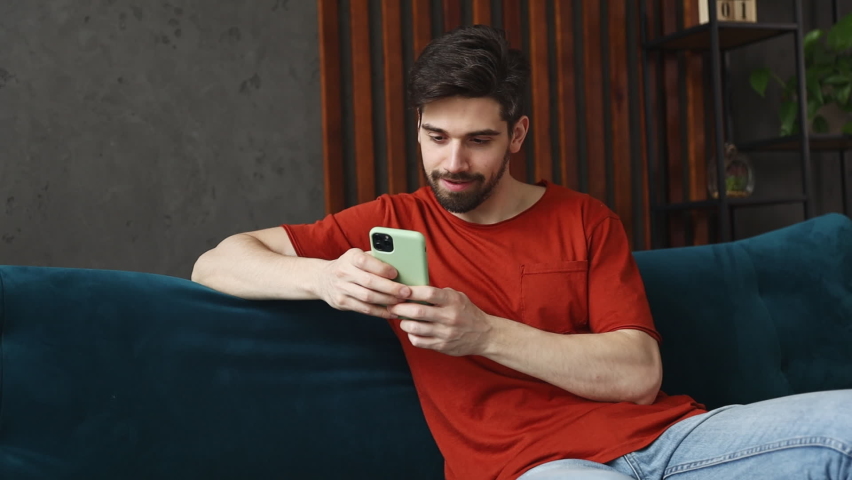 Young fun smiling cheerful man he wear red t-shirt show okay ok zero fingers gesture hold use mobile cell phone sit on blue sofa in living room spend time at home on weekends. People lifestyle concept Royalty-Free Stock Footage #1092442331