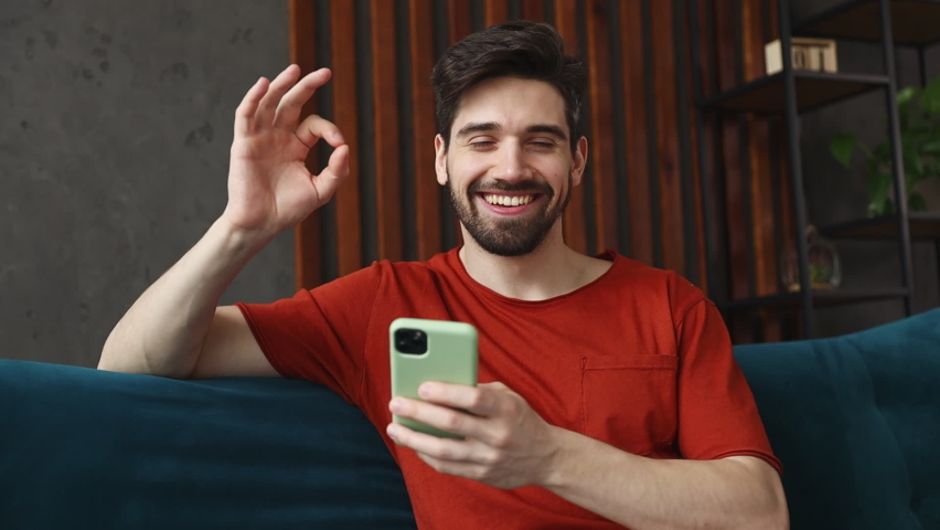 Young fun smiling cheerful man he wear red t-shirt show okay ok zero fingers gesture hold use mobile cell phone sit on blue sofa in living room spend time at home on weekends. People lifestyle concept | Shutterstock HD Video #1092442331