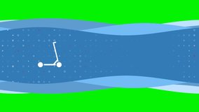 Animation of blue banner waves movement with white kick scooter symbol on the left. On the background there are small white shapes. Seamless looped 4k animation on chroma key background