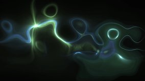 Animation of glowing green and blue light trails moving on back background. Abstract, colour and movement concept digitally generated video.