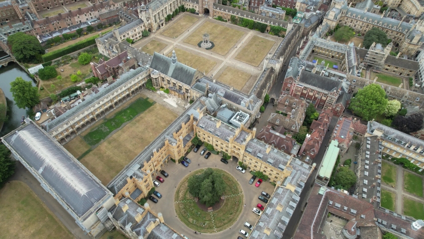 Trinity college overhead birds eye view Cambridge City England drone 4K footage