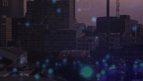 Animation of network of connections with falling dots over cityscape. Global network, connections, communication and technology concept digitally generated video.