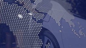 Animation of world map and data processing over hand of caucasian woman charging electric car. Global energy, finance, economy and car concept digitally generated video. - Powered by Shutterstock - Get 15% off with code: PIKWIZARD15