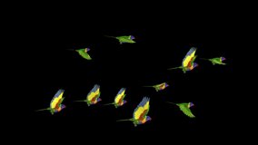 Rainbow Lorikeet Parrots - Flying Flock of 10 Birds - Side View - 4K 3D Animation Loop   