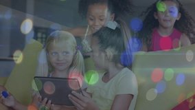 Animation of network of connections over happy diverse girls using tablet at school. School, education, connections and learning with technology concept digitally generated video.