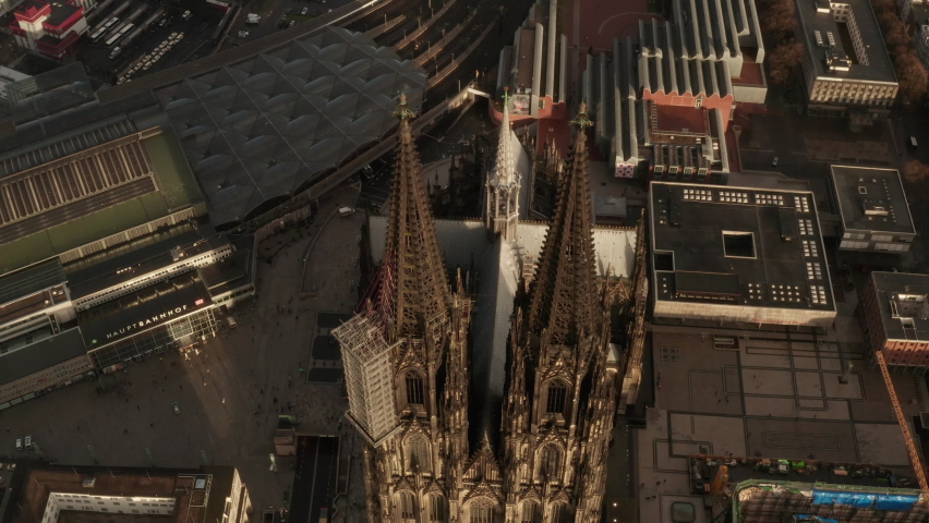 Aerial footage of Cathedral Church of Saint Peter. High angle view of amazing gothic landmark in city. Cologne, Germany