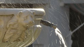 Spouts of public fountain with sculpted faces of lions pouring water