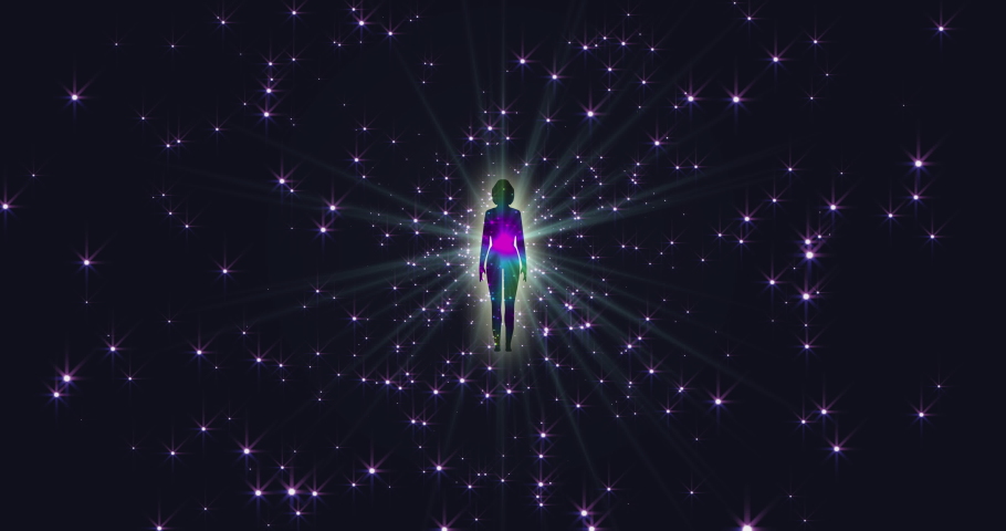 A looped 3D animation of the enlightenment of the multi-colored energy of the human aura fields forming diverging patterns around the meditating person. Video for VJing. 3D Illustration Royalty-Free Stock Footage #1092459063
