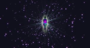A looped 3D animation of the enlightenment of the multi-colored energy of the human aura fields forming diverging patterns around the meditating person. Video for VJing. 3D Illustration