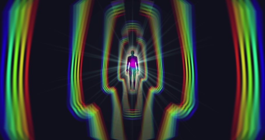 A looped 3D animation of the enlightenment of the multi-colored energy of the human aura fields forming diverging patterns around the meditating person. Video for VJing. 3D Illustration Royalty-Free Stock Footage #1092459067