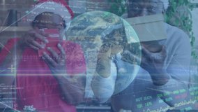 Animation of globe and binary code over happy african american senior couple opening presents. Christmas, tradition, network and technology concept digitally generated video. - Powered by Shutterstock - Get 15% off with code: PIKWIZARD15