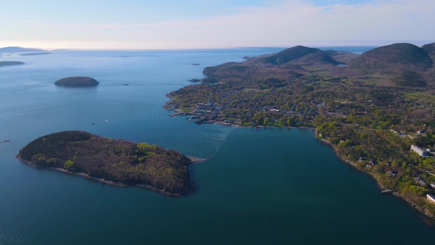 Acadia National Park and Cadillac Mountain aerial view including Bar Harbor town, Bar Island and Porcupine Islands from Frenchman Bay in Maine ME, USA. 