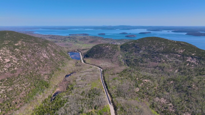 Acadia National Park aerial view including Bar Harbor, Bar Island Porcupine Islands and Cadillac Mountain, Mt Desert Island, Maine ME, USA.  