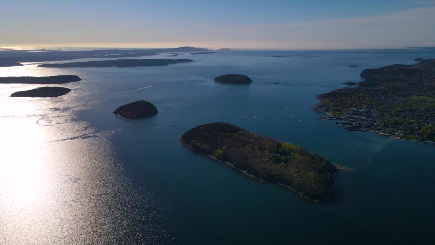 Acadia National Park and Cadillac Mountain aerial view including Bar Harbor town, Bar Island and Porcupine Islands from Frenchman Bay in Maine ME, USA. 