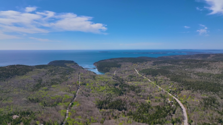 Acadia National Park aerial view including Bar Harbor, Bar Island Cadillac Mountain and Otter Cove, Mt Desert Island, Maine ME, USA.  