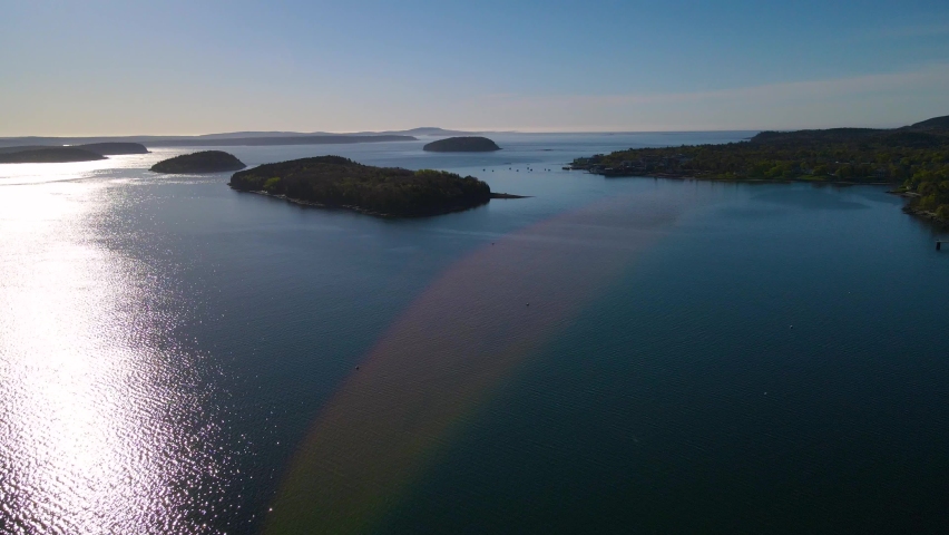 Acadia National Park and Cadillac Mountain aerial view including Bar Harbor town, Bar Island and Porcupine Islands from Frenchman Bay in Maine ME, USA. 