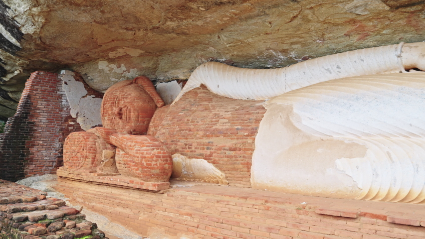 Ancient Brick Reclining Buddha Statue at Pidurangala Rock Cave with Parallax Effect, Sri Lanka