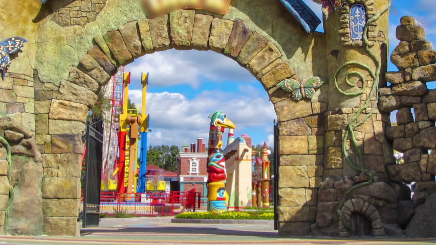 Entrance to Gorky Central Park of Culture and Leisure in Kharkov timelapse, Ukraine. View to attractions and gates