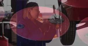 Animation of caucasian female car mechanic over lockers. Transport, cars and technology concept digitally generated video.