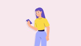 Girl with smartphone animation. Like counting for Social Media concept. Blogger post, message bubble with heart icon.  popularity, followers, influencer. reaction button Animated stock footage cartoon