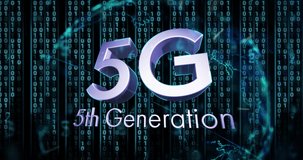 Animation of 5g generation text and data processing over dark background. Global connections, data processing and digital interface concept digitally generated video.