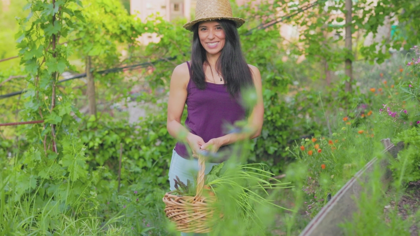 Hispanic mid woman volunteer in urban garden. gardening organic food in slow motion with crane 4k | Shutterstock HD Video #1092482665