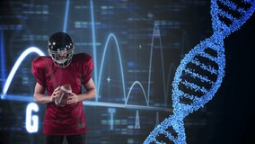 Animation of dna strand and data processing over american football player covered by ice. Science, research and sports concept digitally generated video.