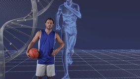 Animation of dna strand and running human body over caucasian male basketball player. Science, research and sports concept digitally generated video. - Powered by Shutterstock - Get 15% off with code: PIKWIZARD15